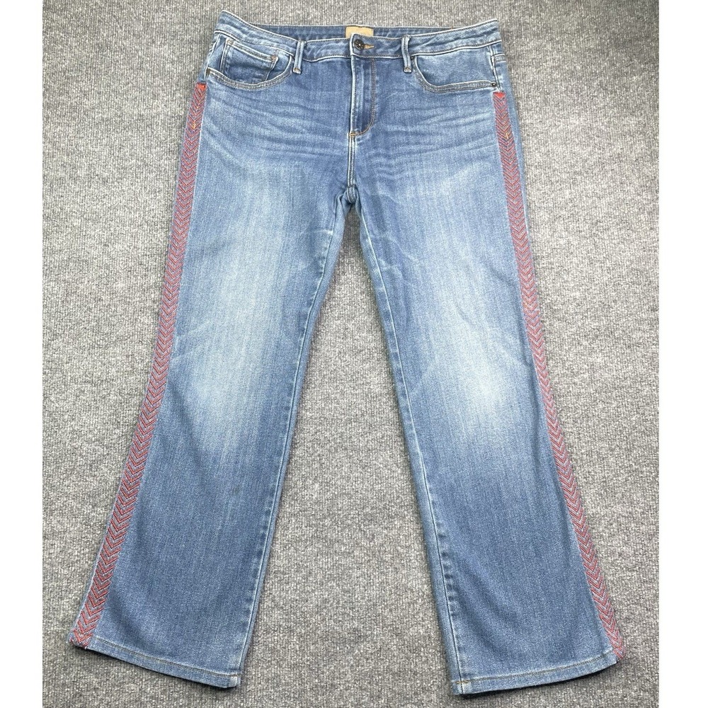 Driftwood Kelly Jeans Women 32 Blue Embroidered Chevron Stripe Cropped Straight
